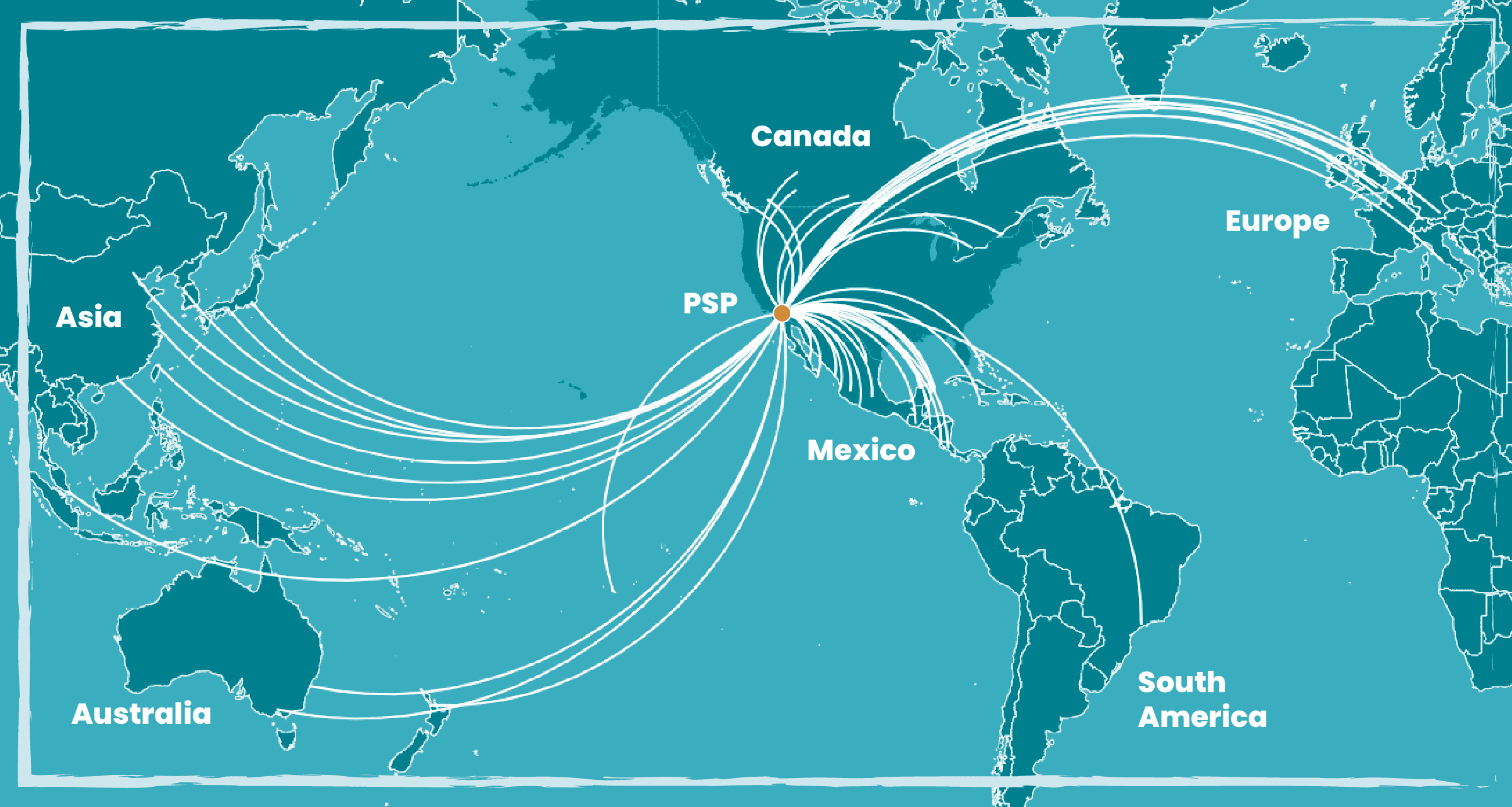 A world map showing white lines originating from a point labeled PSP in the western US, connecting to Canada, Mexico, Europe, Asia, Australia, and South America.