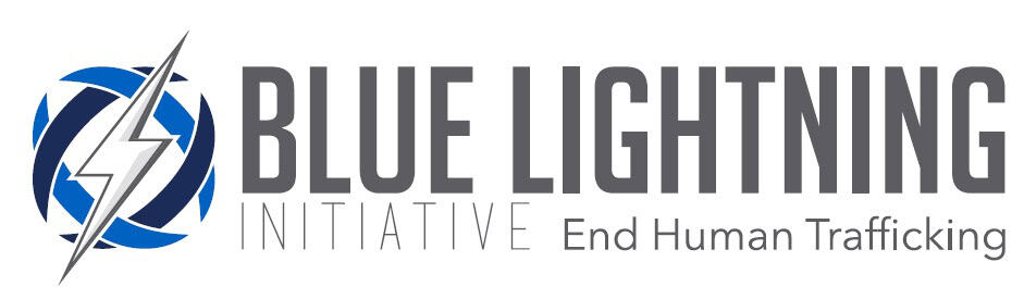 Logo for Blue Lightning Initiative. It features a blue and dark blue circular design with a white lightning bolt, next to the text 'BLUE LIGHTNING INITIATIVE End Human Trafficking'.