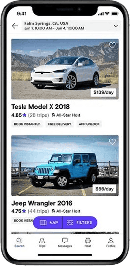 A mobile phone screen displaying a car rental app with listings for a white Tesla Model X and a blue Jeep Wrangler, showing prices, ratings, and booking options.
