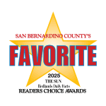 San Bernardino County's Favorite 2025 The Sun Redlands Daily Facts Readers Choice Awards logo with a large yellow star and bold red and black text.
