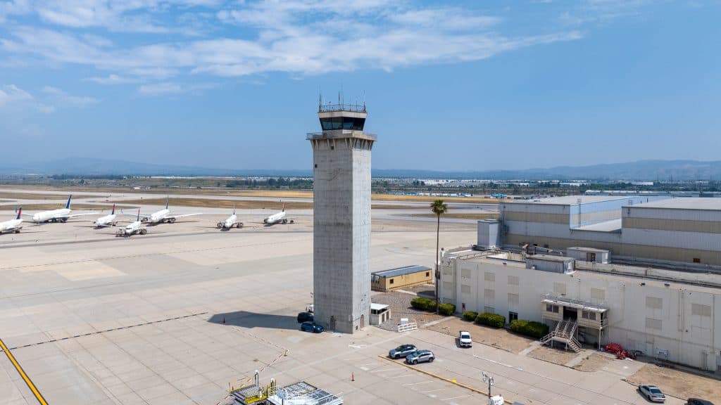 Air traffic control tower at San Bernardino International Airport