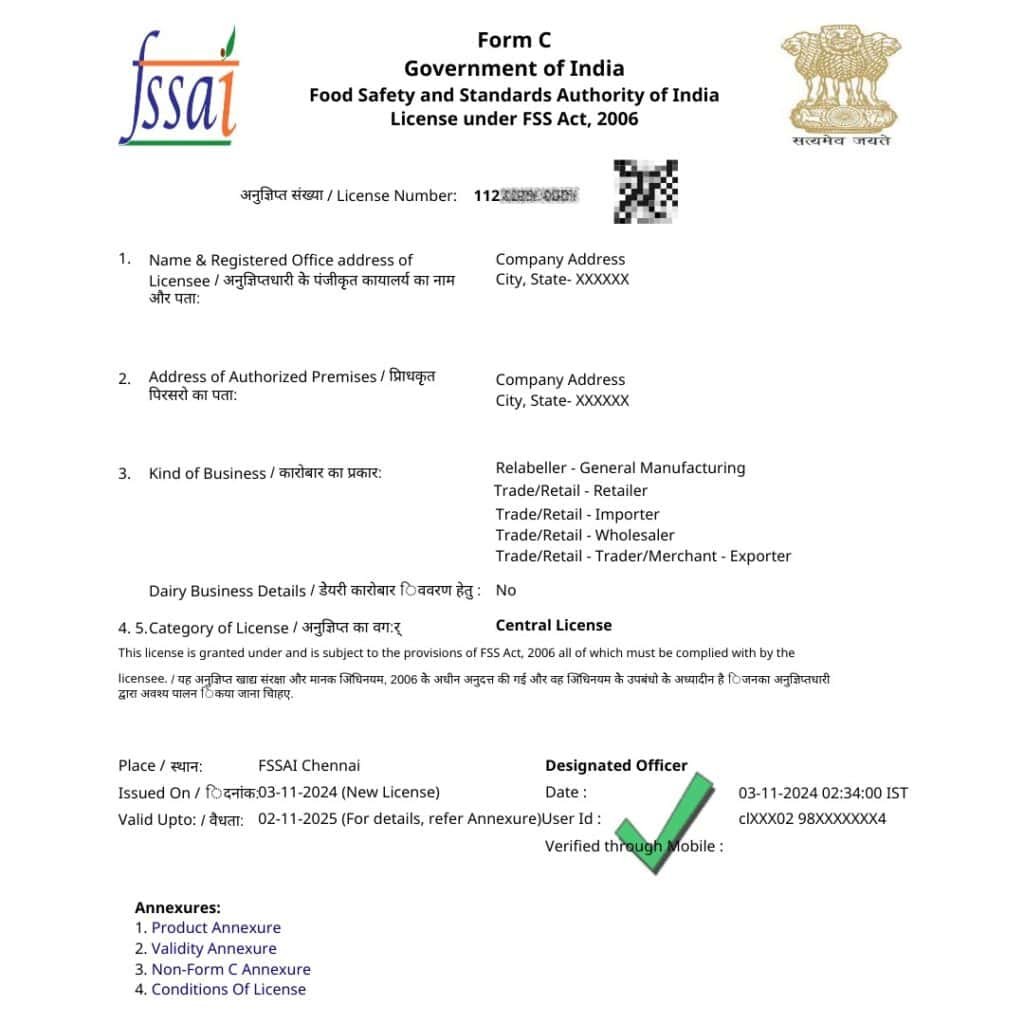 FSSAI License Sample