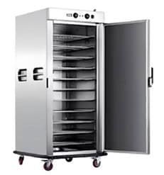 Stainless steel food storage cabinet with multiple shelves and secure door.