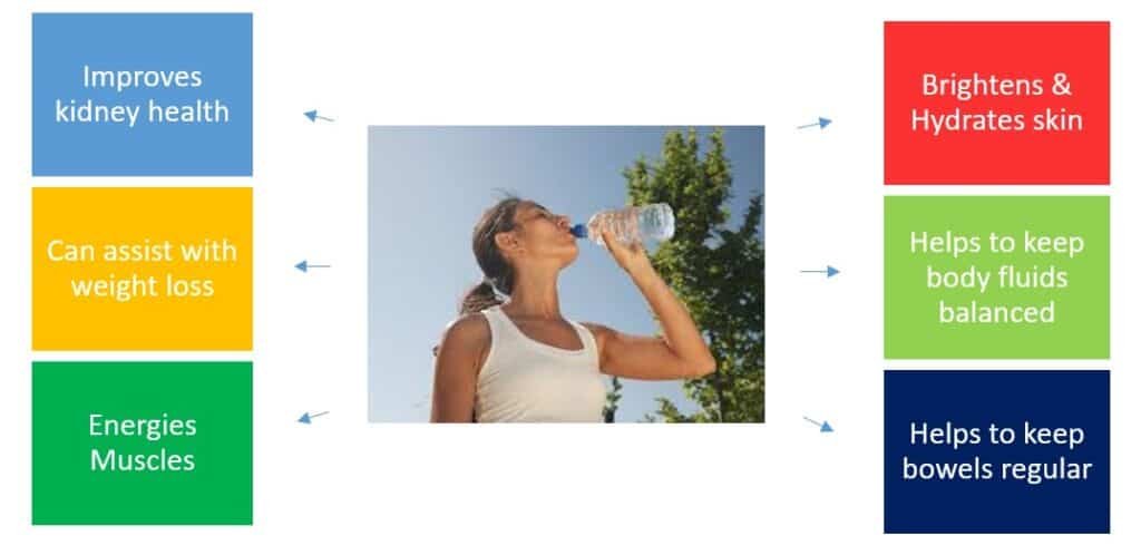 Improves kidney health and hydration benefits of drinking water in food safety and nutrition.
