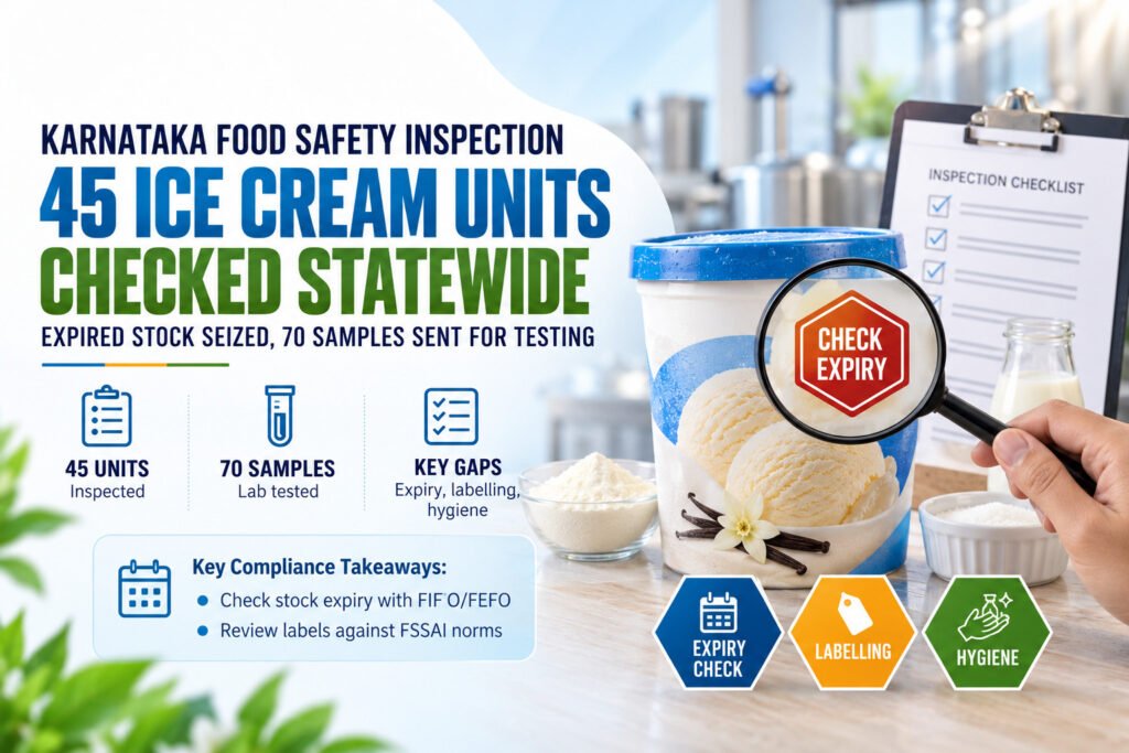 Food safety inspection of 45 ice cream units with check expiry and lab testing.