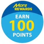 A blue circular badge with the text "More Rewards. Earn 100 Points" in yellow and white letters.