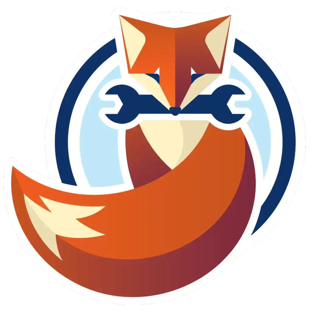 Illustration of a stylized orange fox with a bushy tail holding a wrench in its mouth, positioned in front of a blue circular background.