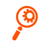 An orange magnifying glass icon with a white circular highlight near the center, displayed on a transparent background.