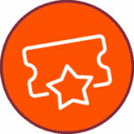 White ticket outline with a star in the center on an orange circular background with a maroon border, perfect for highlighting your Refer a Friend promotion.