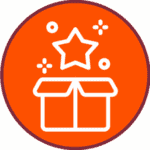 A white outline of an open box with a star and sparkles above it, symbolizing "Refer a Friend," centered on an orange circle with a dark border.