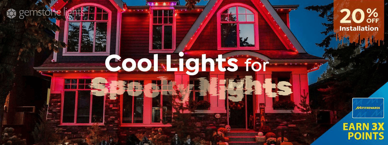 A house decorated with orange and red lights at dusk, advertising a 20% installation discount and triple reward points. Text reads “Cool Lights for Spooky Nights.” Learn more about us and how we can brighten up your home this season.