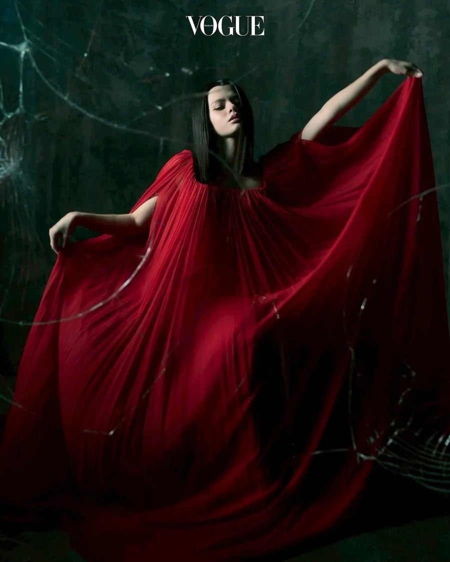 Becky Armstrong in a flowing red gown in Vogue Thailand&rsquo;s February 2026 anniversary issue