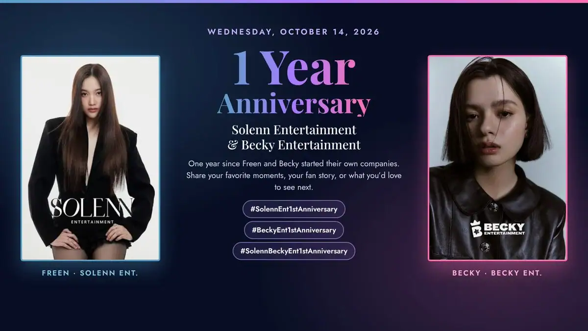 1 Year Anniversary graphic for Solenn Entertainment and Becky Entertainment, with Freen Sarocha and Becky Armstrong, October 14, 2026