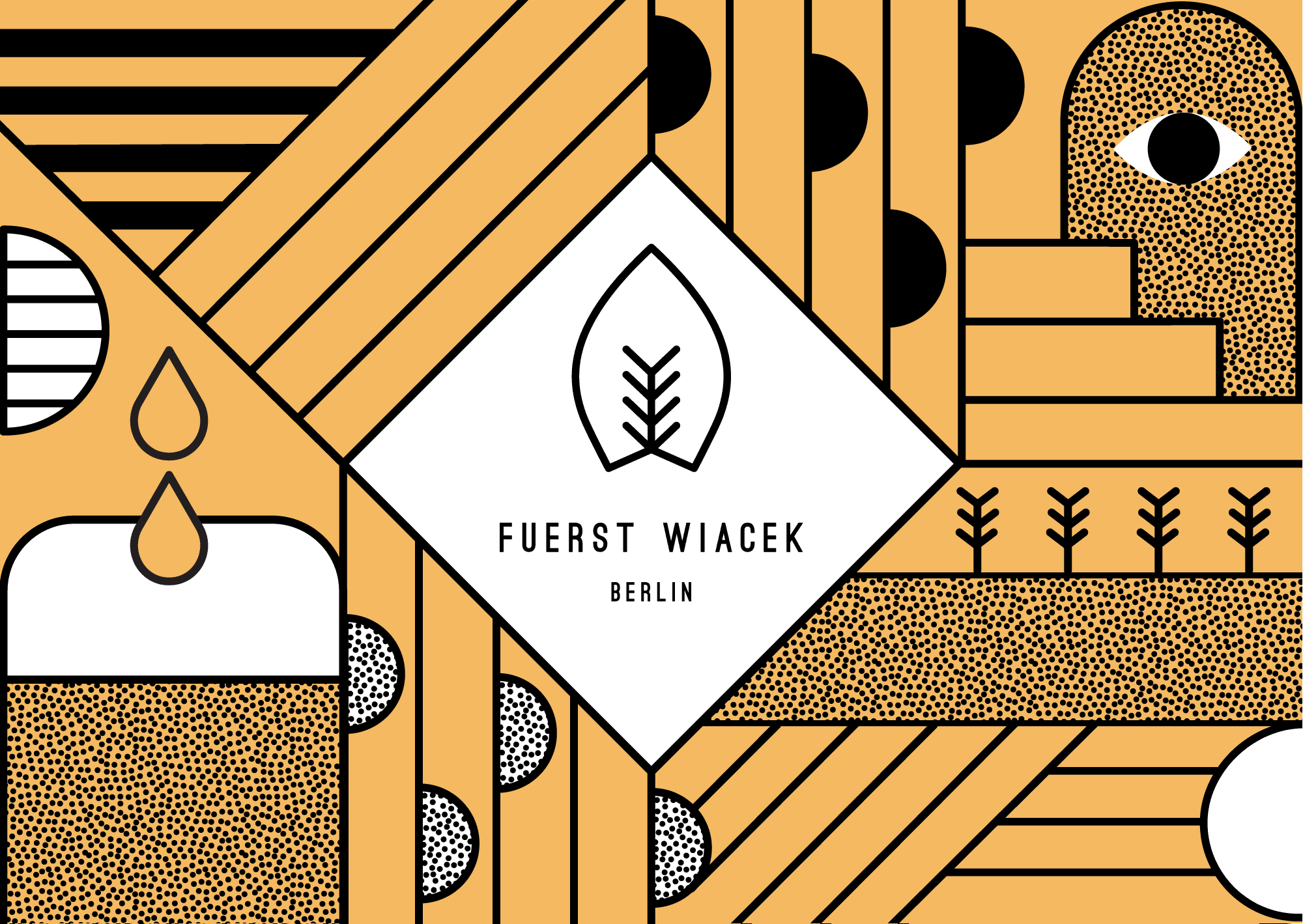 Elegantes abstraktes Design mit erdigen Tönen, das Brauereielemente, Blätter und Typografie der Berliner Brauerei FUERST WIACEK zeigt.