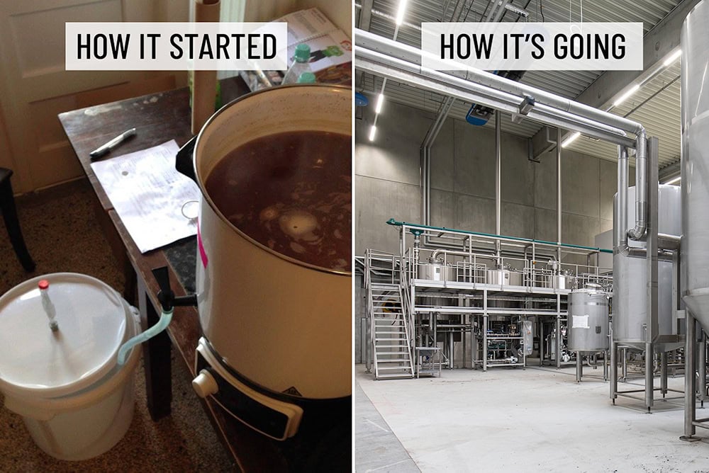 FUERST WIACEK Origin Story - How it Started / How It's Going Meme zum Vergleich des Heimbrauens mit einem Glühweinkocher und einem 25-Hektoliter-Krones-Sudhaus