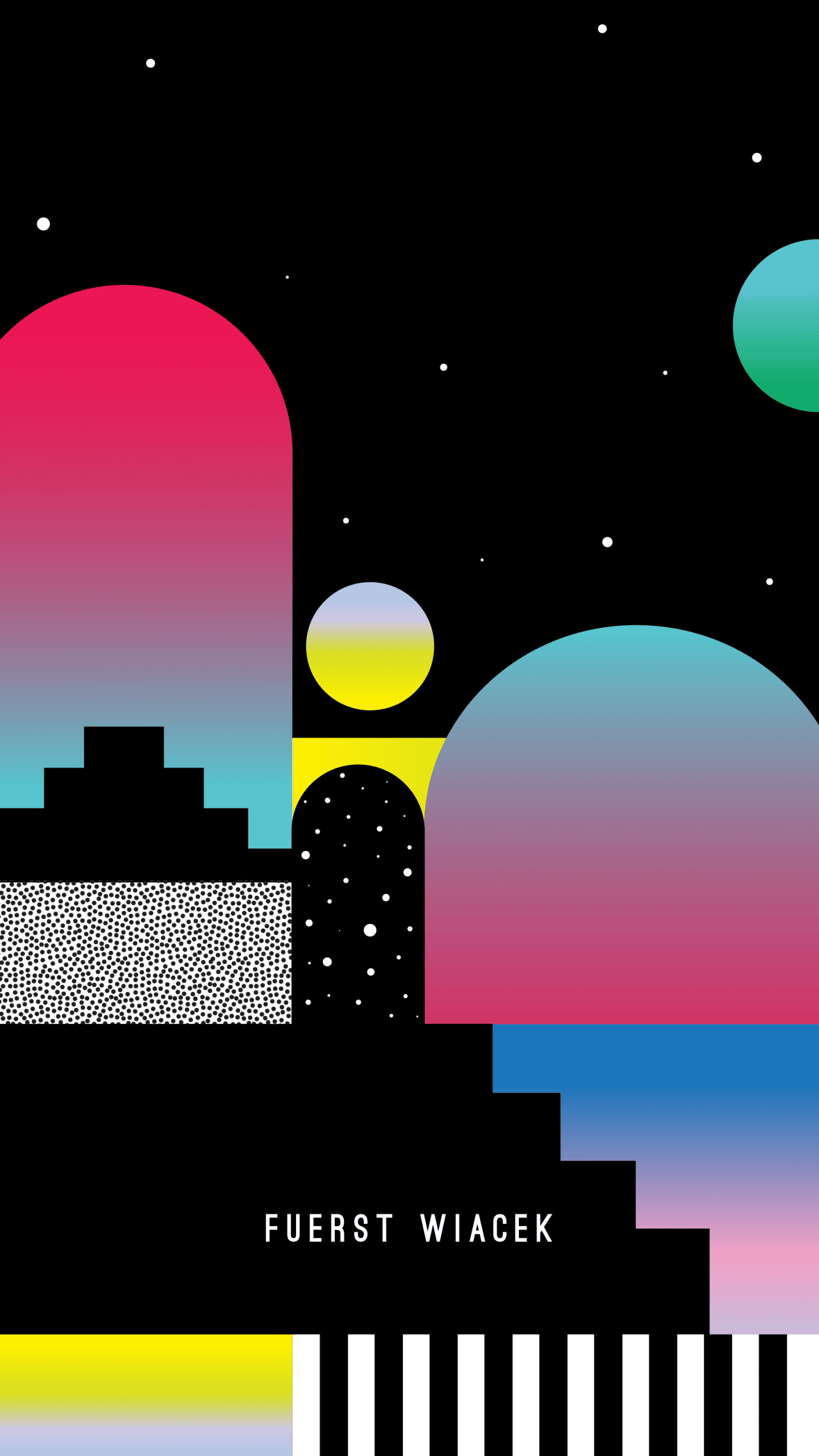 Bunte abstrakte Kunst eines modernen Brauereigebäudes in einem galaxien-thematisierten Hintergrund, die die Marke und die innovative handwerkliche Bierproduktion von FUERST WIACEK Brewery hervorhebt.