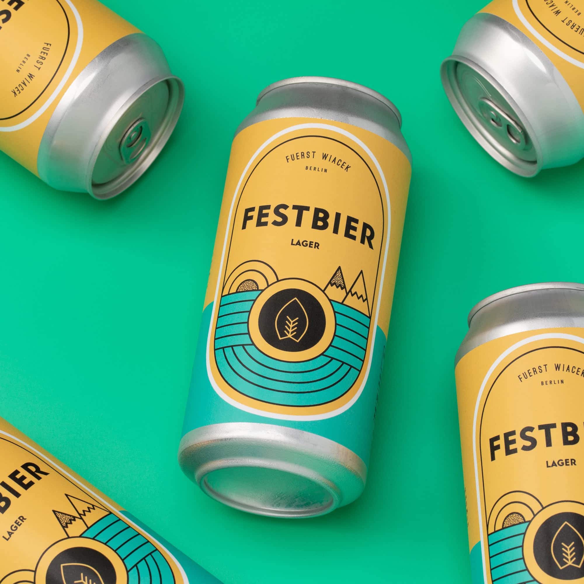 Fuerst Wiacek Festbier bottled beer with vibrant yellow and turquoise label, showcasing Berlin brewery craftsmanship.