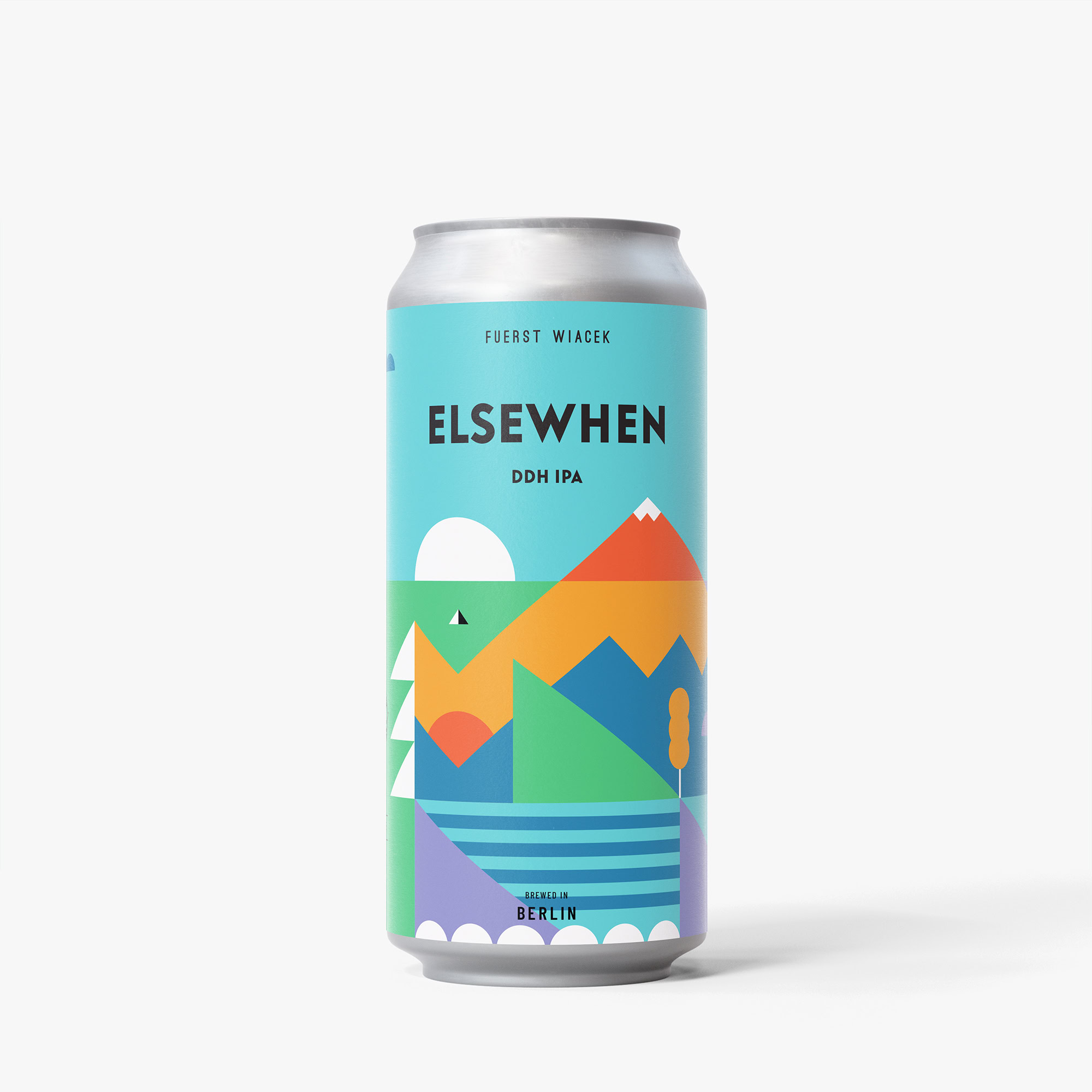 Modern can design of Fuerst Wiacek Elsewhen DDH IPA featuring colorful abstract mountain landscape.