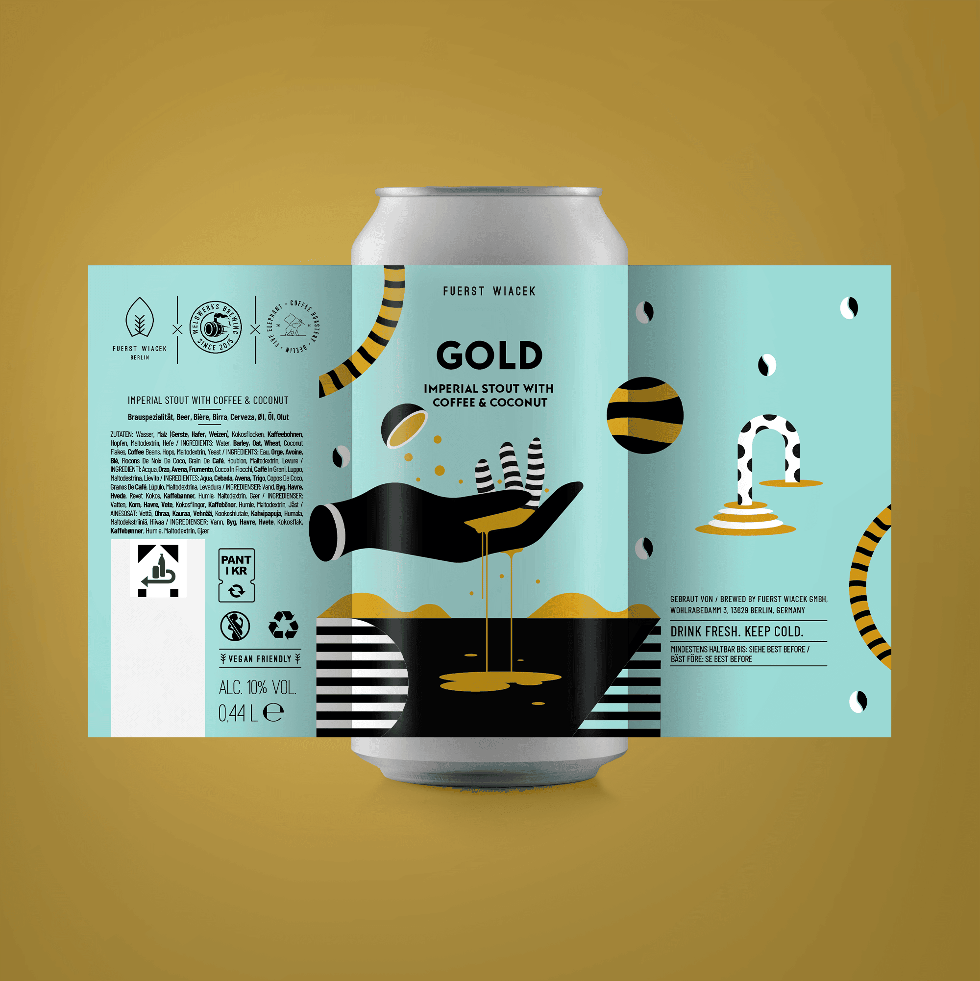 Imperial stout beer can label with coffee and coconut flavor, brewery branding, modern design, and eco-friendly icons in vibrant teal and black colors.