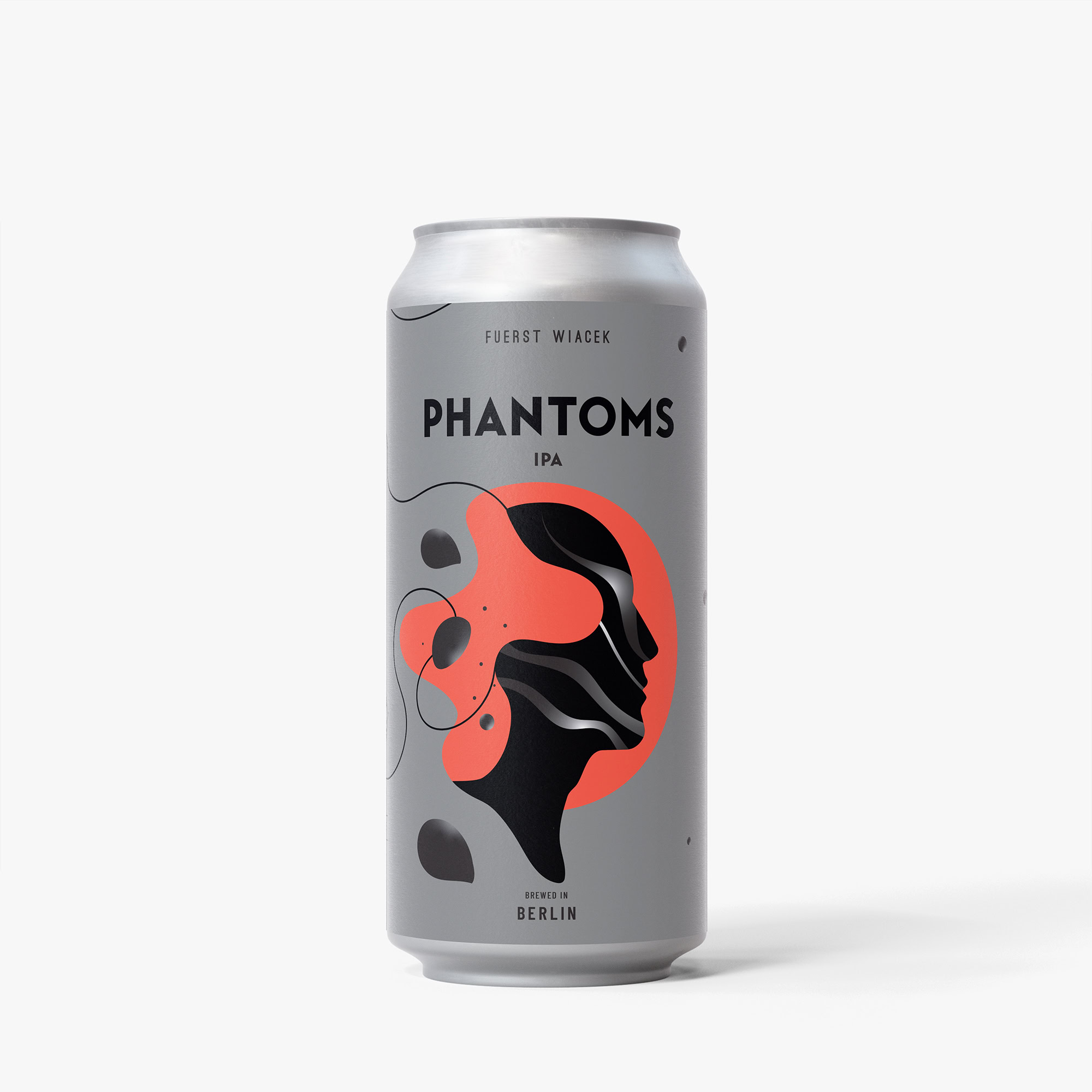 Modern can design for FUERST WIACEK Phantoms IPA featuring abstract black and red artwork. Perfect for craft beer enthusiasts and collectors.