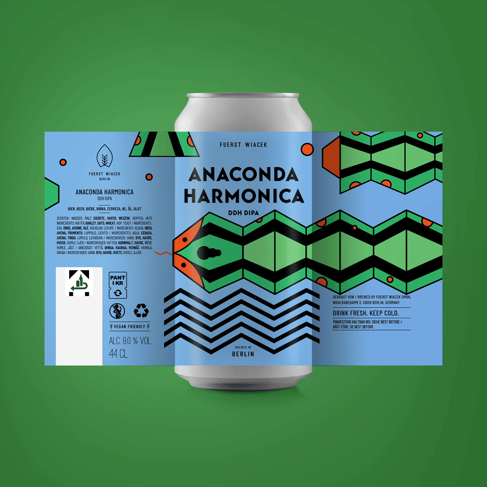 Anaconda Harmonica DDH IPA-Bierdose mit lebhaftem geometrischem Etikettendesign von der Brauerei Fürst Wiacek in Berlin.