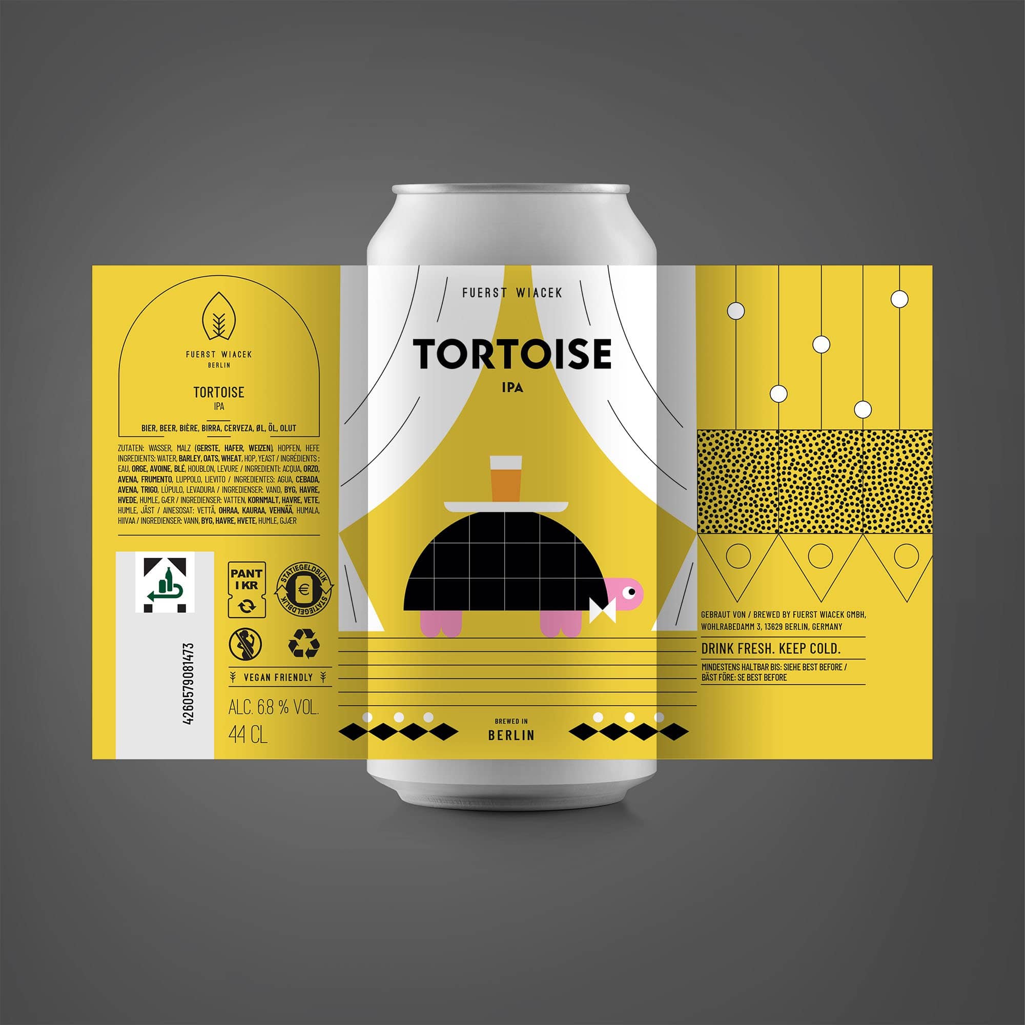 Tortoise IPA Craft Beer Dose der Brauerei Fürst Wiacek mit modernem geometrischen Design und verspielter Schildkröten-Illustration.