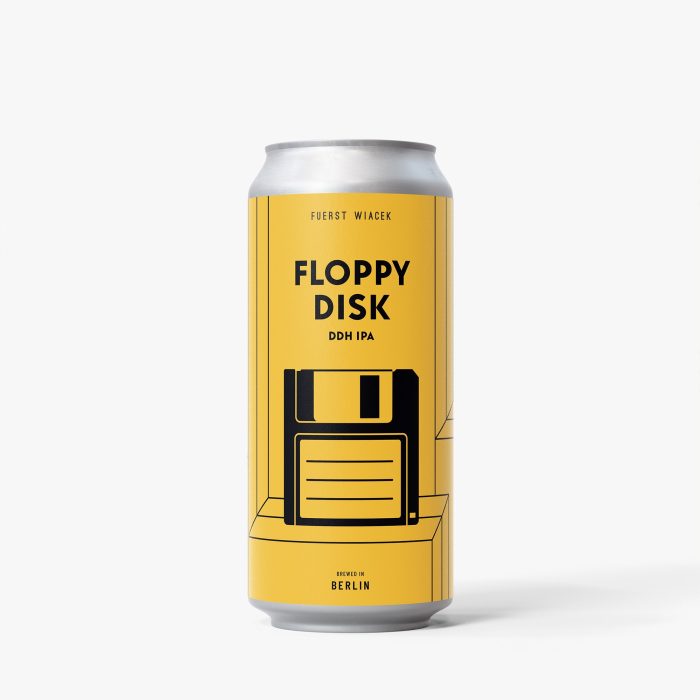 Floppy Disk Bierdosen Design Logo für FUERST WIACEK Brauerei, DDH IPA, Berliner Craft Bier, moderne bunte Verpackung, Brauerei Bierdose, kreatives Bieretikett, Berliner Braukunst, Digital Art Bier Branding.