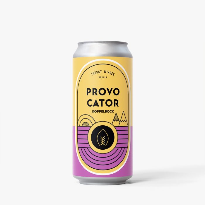 ProvoCator Doppelbock craft beer can with vibrant geometric mountain and nature-inspired artwork from FUERST WIACEK Brewery in Berlin.