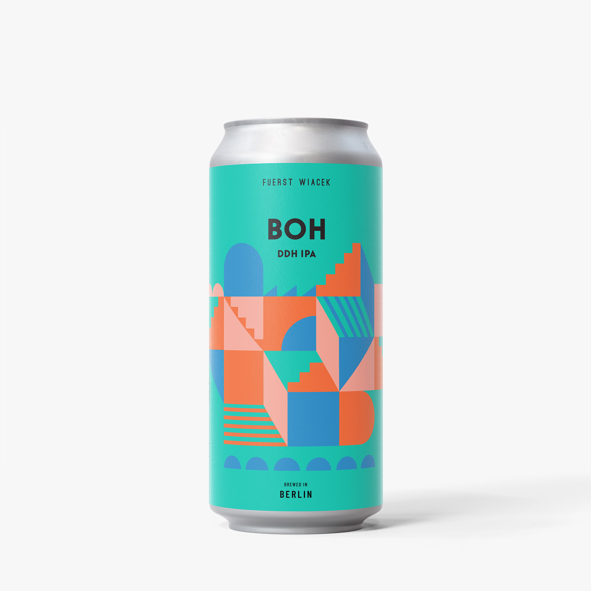 Modern can design of FUERST WIACEK Brewery's Boh DDH IPA featuring geometric shapes and vibrant colors.