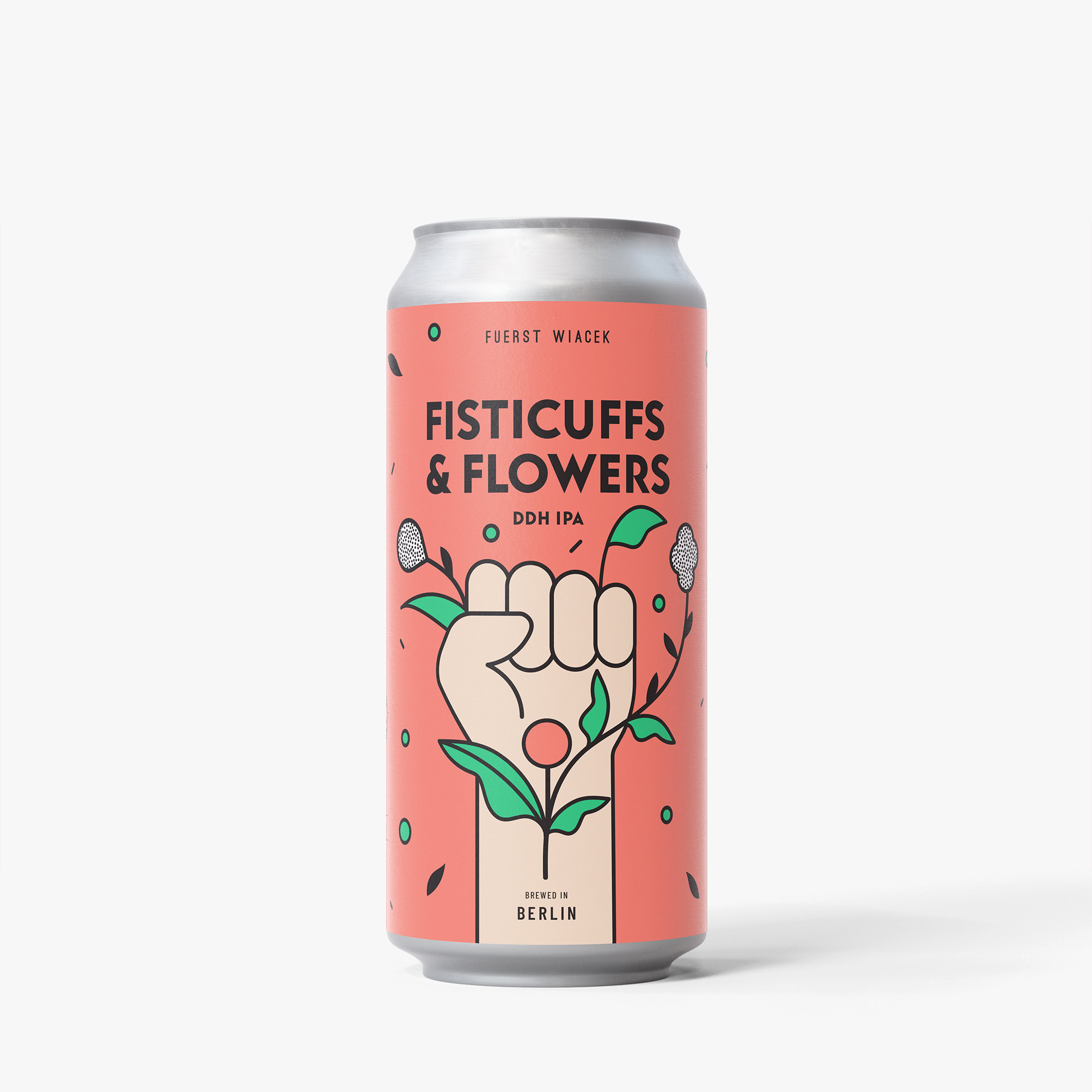 Can of Fisticuffs & Flowers DDH IPA by Fuerst Wiacek Brewery with floral and fist illustration.