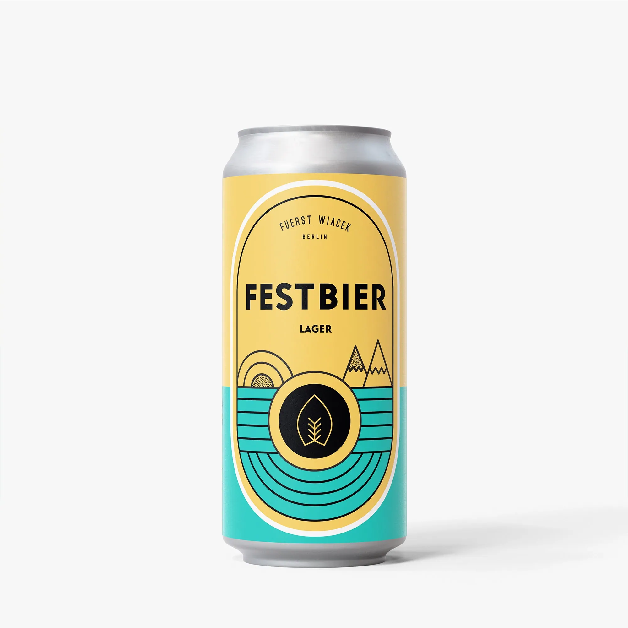 Bright yellow and turquoise beer can label with mountain and water wave illustrations for FUERST WIACEK Brewery, showcasing Festbier Lager.