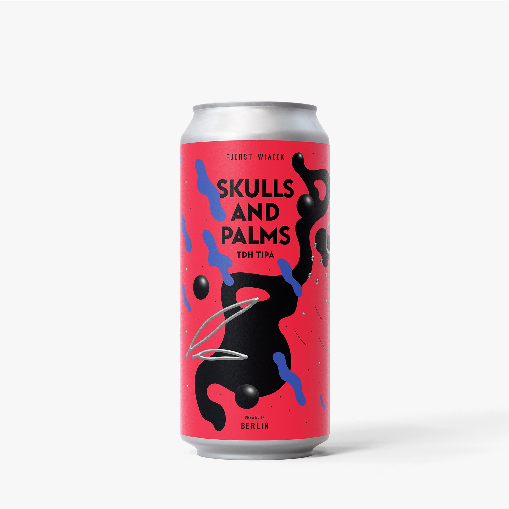 Skulls and Palms TDH TIPA craft beer can featuring vibrant abstract artwork, brewed by Fuerst Wiacek Brewery in Berlin, offering bold flavors and unique brewing traditions.
