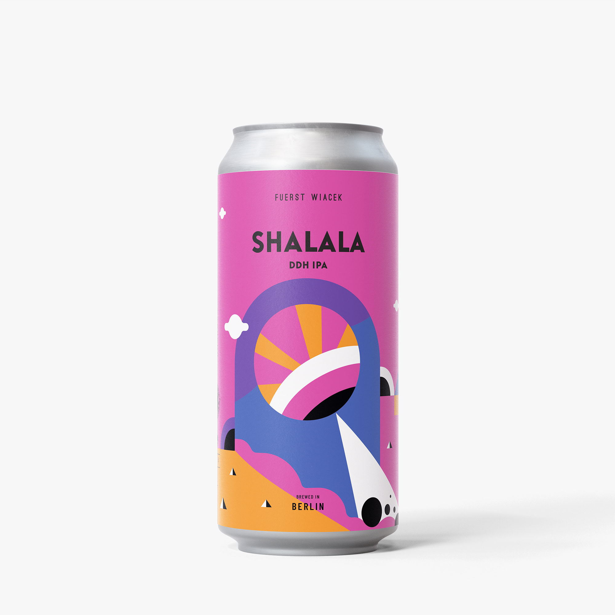 A can of Shalala DDH IPA featuring vibrant, modern graphic design with colorful abstract shapes and a stylized sun motif, representing a craft beer from FUERST WIACEK Brewery.