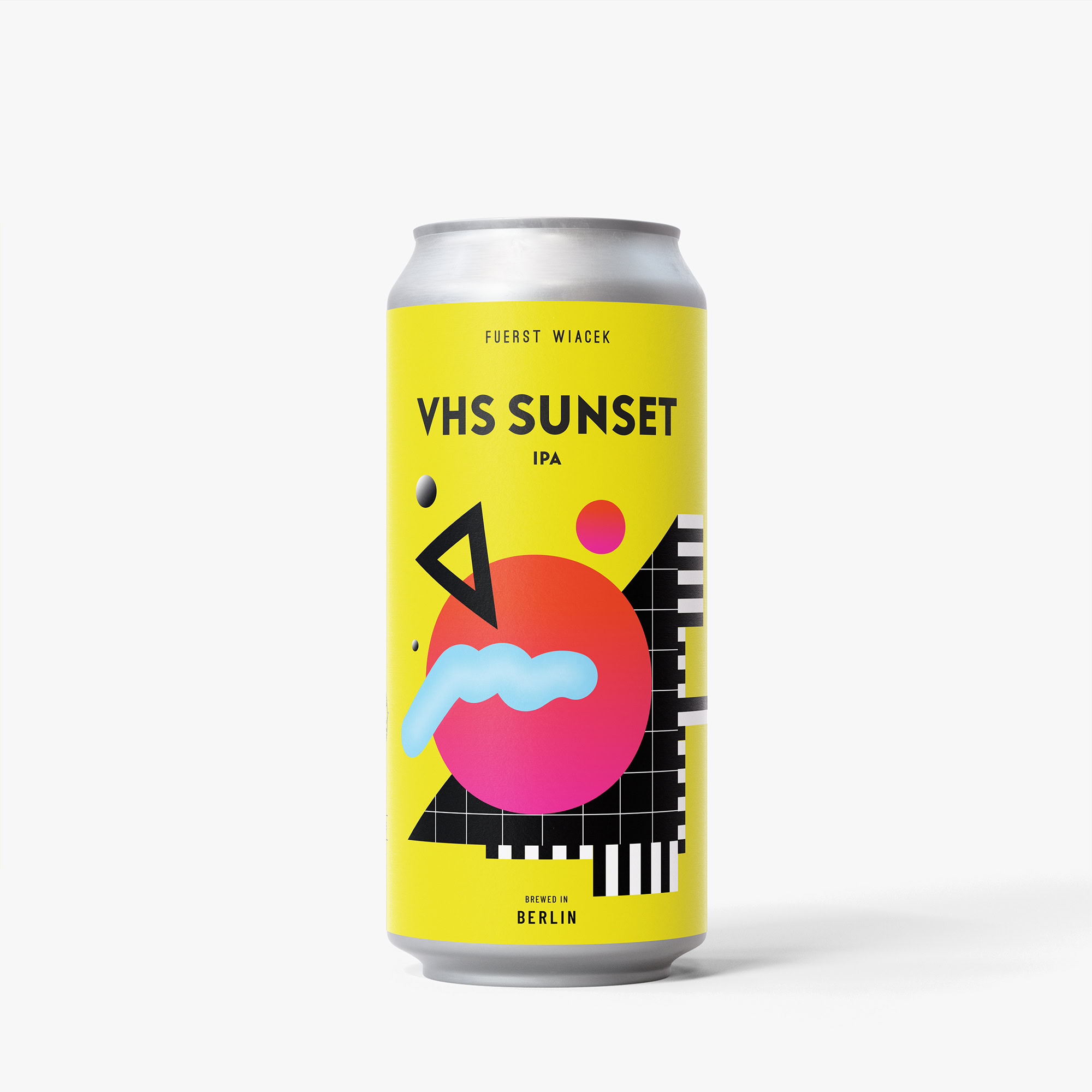 Helle gelbe Dose VHS Sunset DDH IPA der Brauerei Fuerst Wiacek mit abstraktem geometrischem Design.