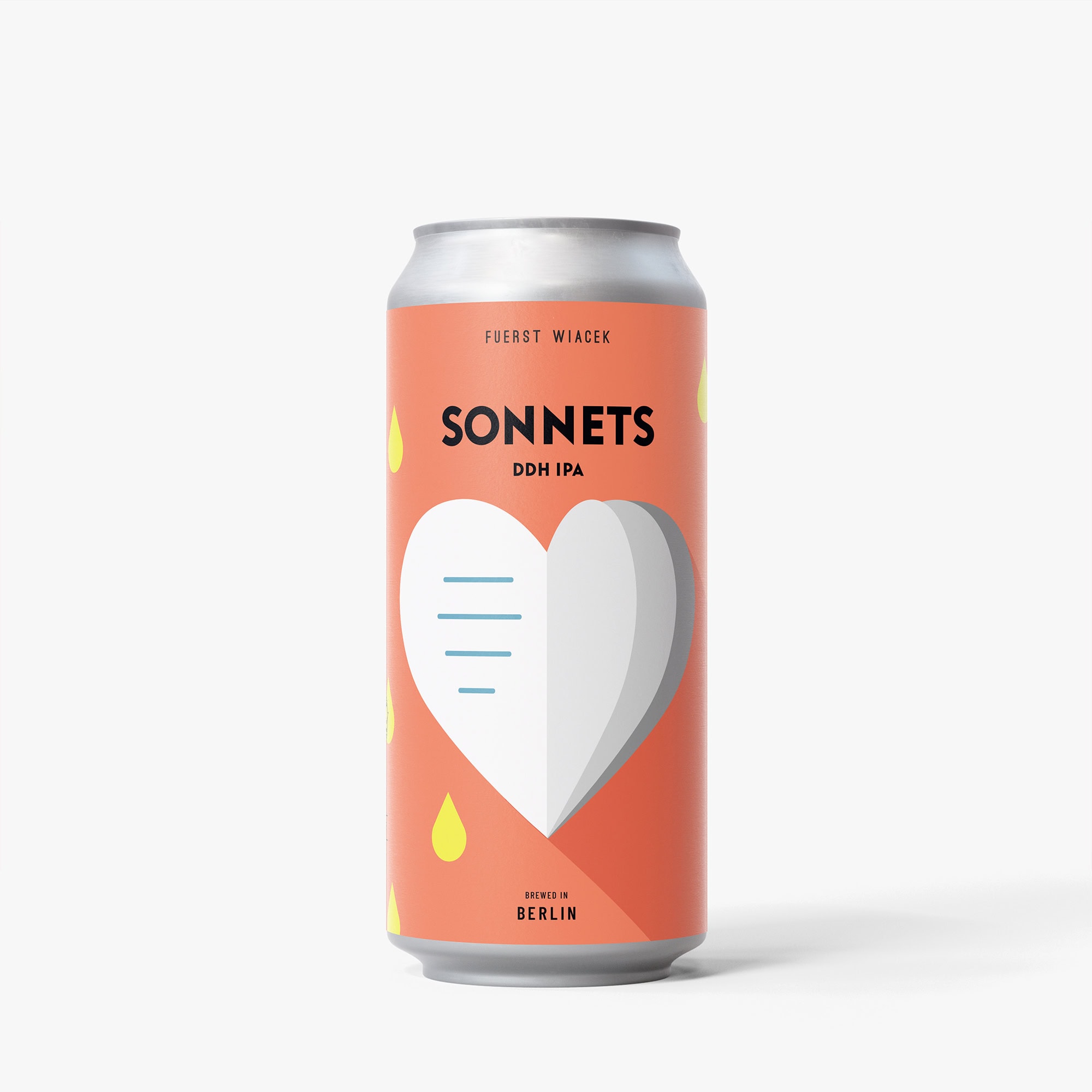 Sonnets DDH IPA beer can with modern design, heart illustration, and vibrant colors, brewed by FUERST WIACEK in Berlin, showcasing craft beer quality and innovative brewing tradition.