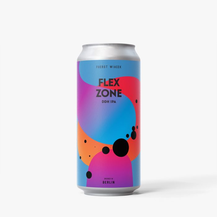 FLEX ZONE DDH IPA Bierdose mit lebhaftem, farbenfrohem, abstraktem Design, gebraut von der Brauerei Fürst Wiacek in Berlin, die eine moderne Craft-Bier-Verpackung präsentiert.