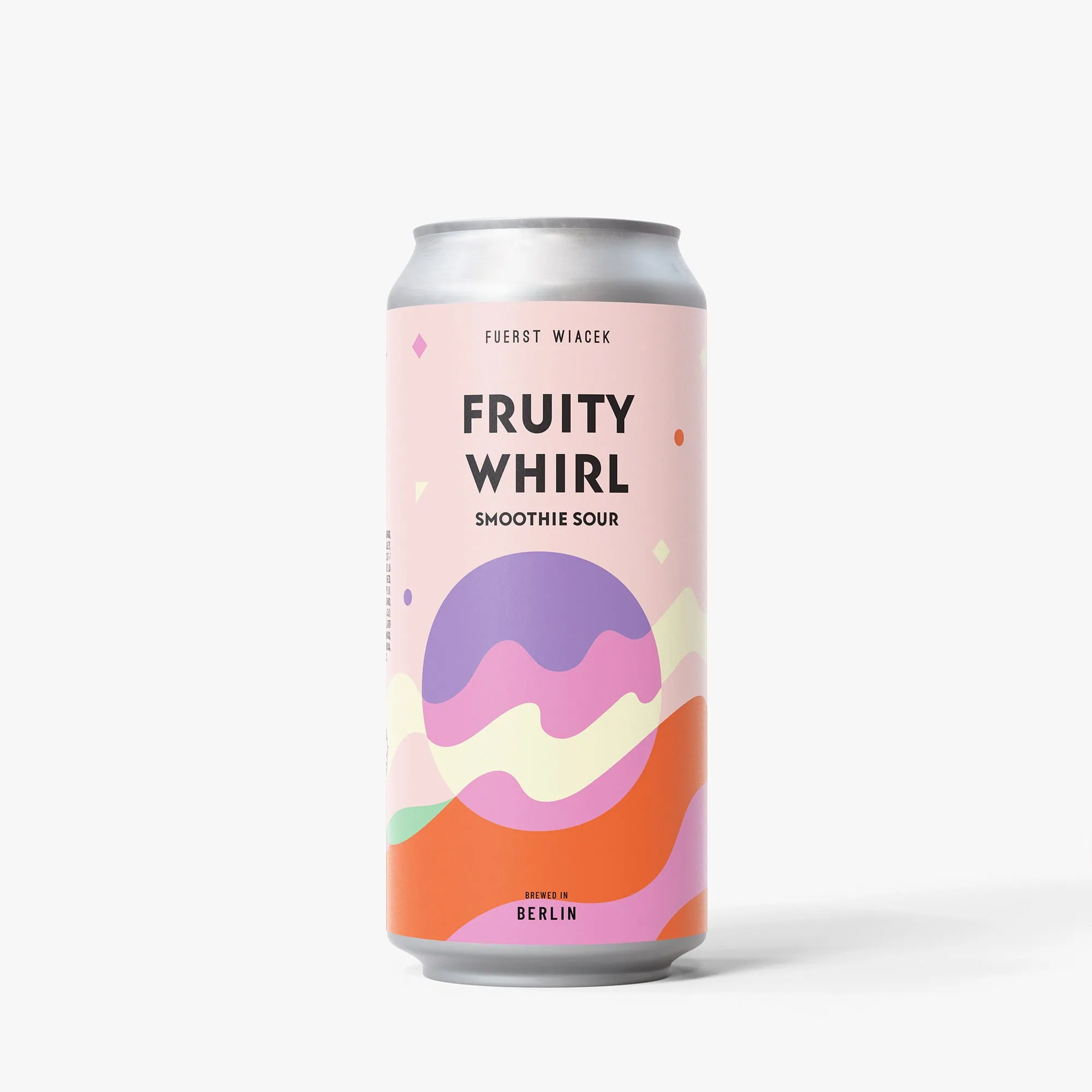 Fruity Whirl Smoothie Sauerbier Dose mit farbenfrohem abstraktem Design, gebraut in Berlin, mit lebendigen Aromen und künstlerischer Verpackung von FUERST WIACEK Brewery.