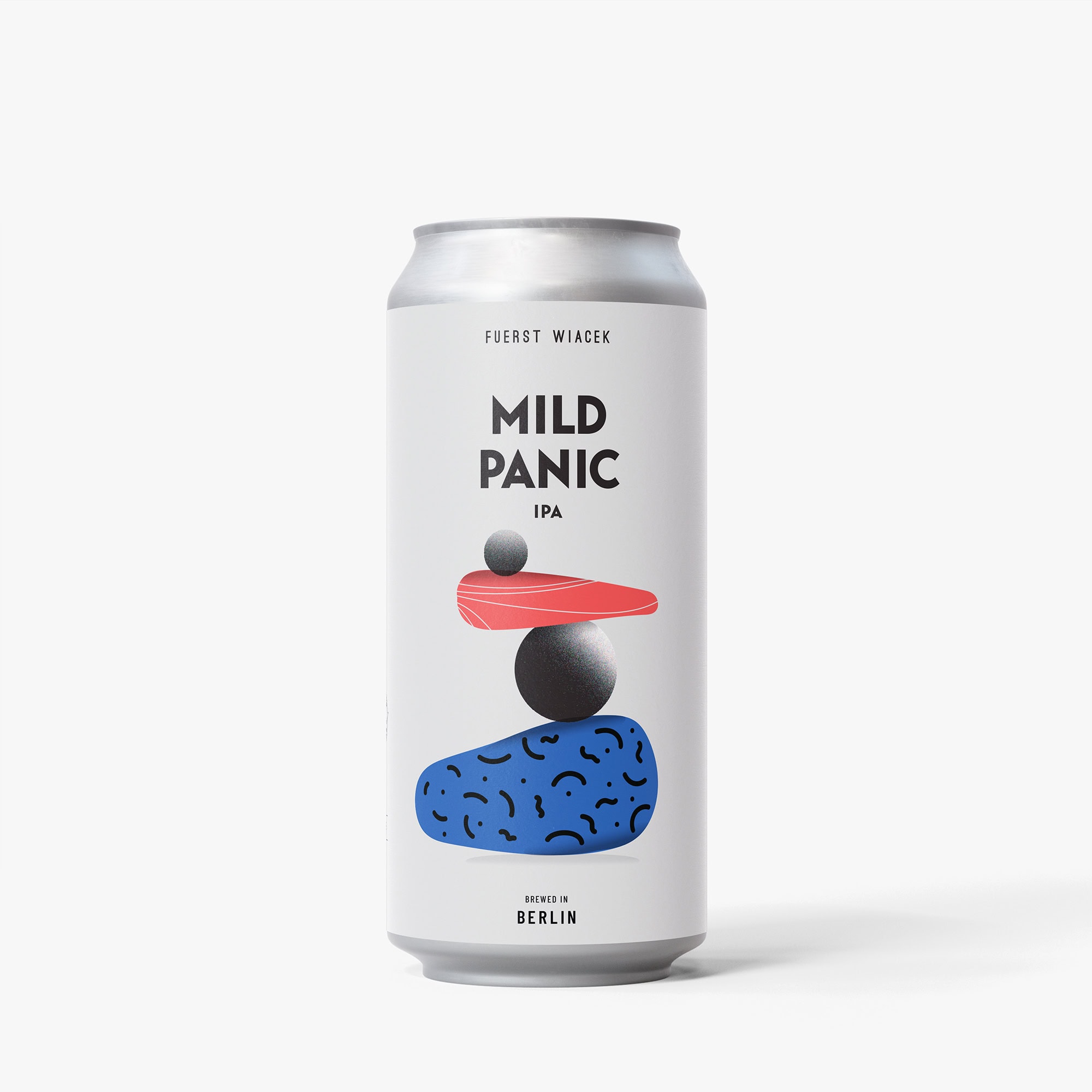 Mild Panic IPA Bierdose mit modernem abstraktem Design, gebraut in Berlin von Fuerst Wiacek. Perfekt für Liebhaber von Craft Beer, die ein geschmackvolles, hochwertiges IPA suchen.