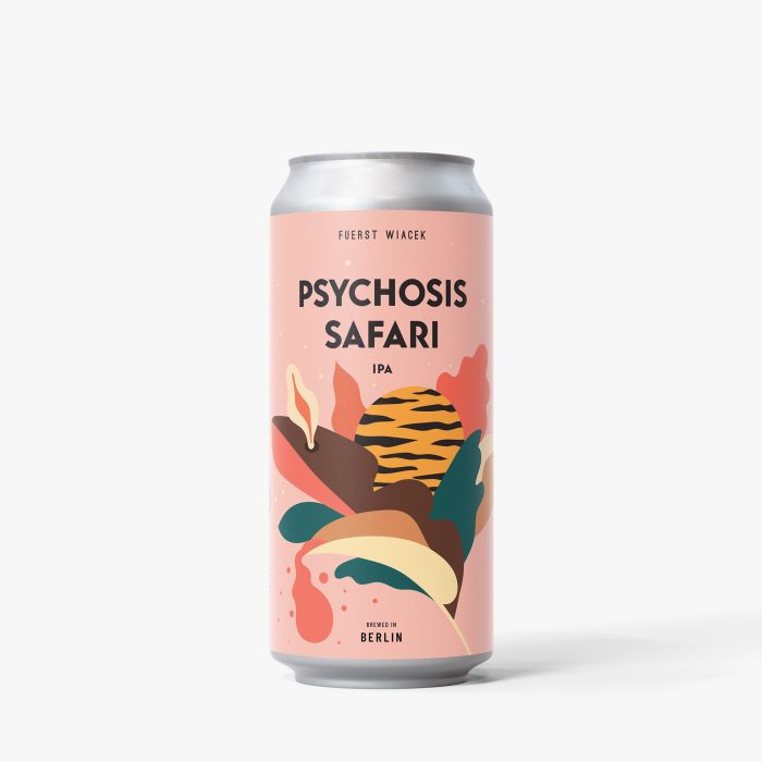 Pink can design for Fuerst Wiacek's Psychoosis Safari IPA with abstract, colorful artwork, emphasizing craft beer and brewing in Berlin.