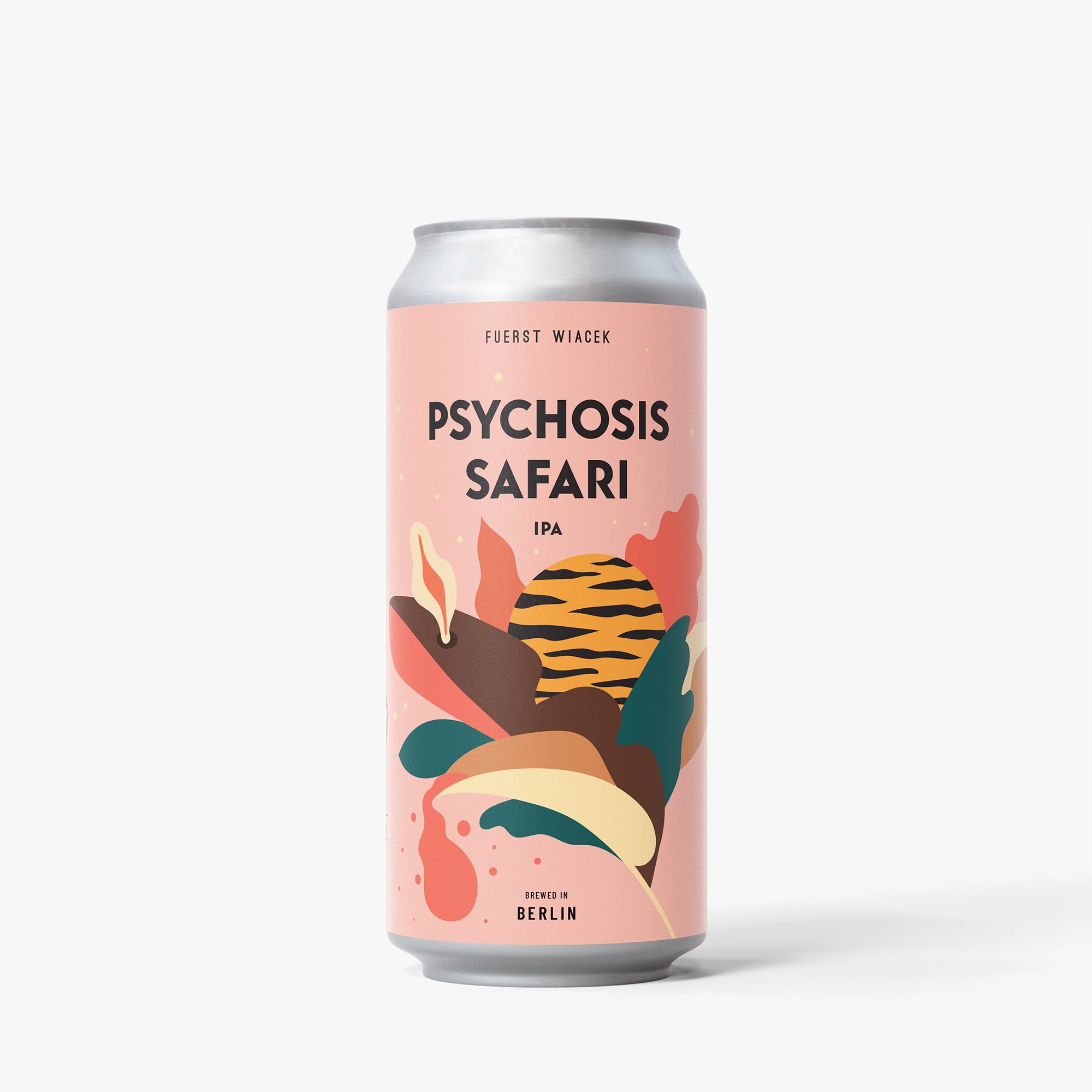 Pinkes Dosendesign für das Psychoosis Safari IPA von Fürst Wiacek mit abstraktem, farbenfrohem Artwork, das Craft Beer und das Brauen in Berlin betont.