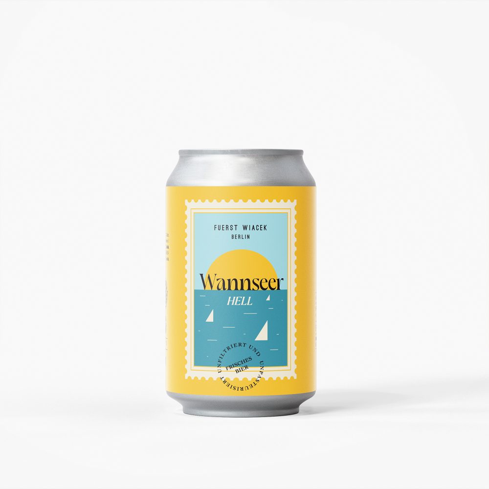 Kreatives Craft-Bier-Dosendesign mit einem modernen, lebendigen Etikett, das die Berliner Brauerei Fürst Wiacek und das Wannsee Hell Bier hervorhebt und Qualität, Frische und ein einzigartiges Brauerei-Branding betont.
