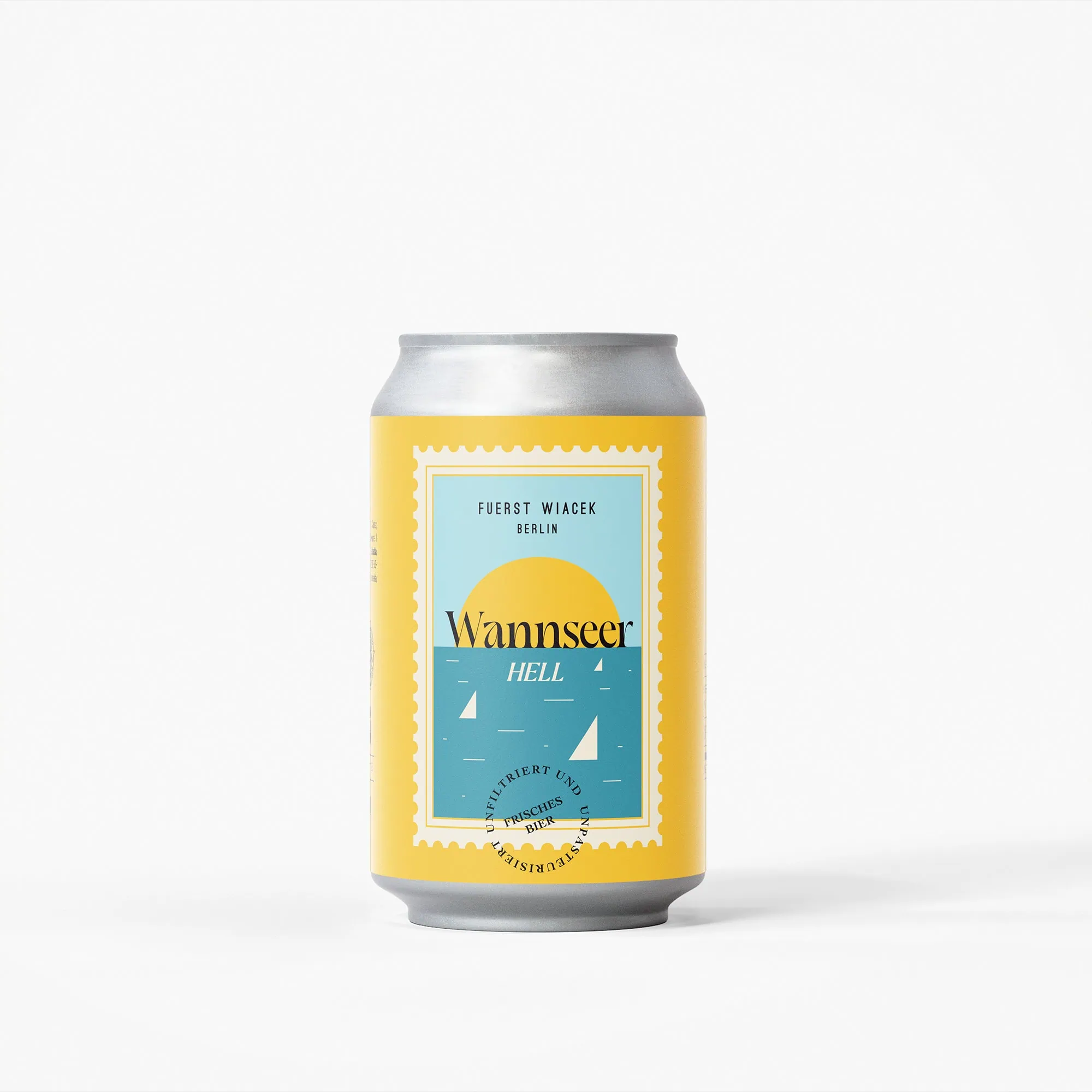 Kreatives Craft-Bier-Dosendesign mit einem modernen, lebendigen Etikett, das die Berliner Brauerei Fürst Wiacek und das Wannsee Hell Bier hervorhebt und Qualität, Frische und ein einzigartiges Brauerei-Branding betont.