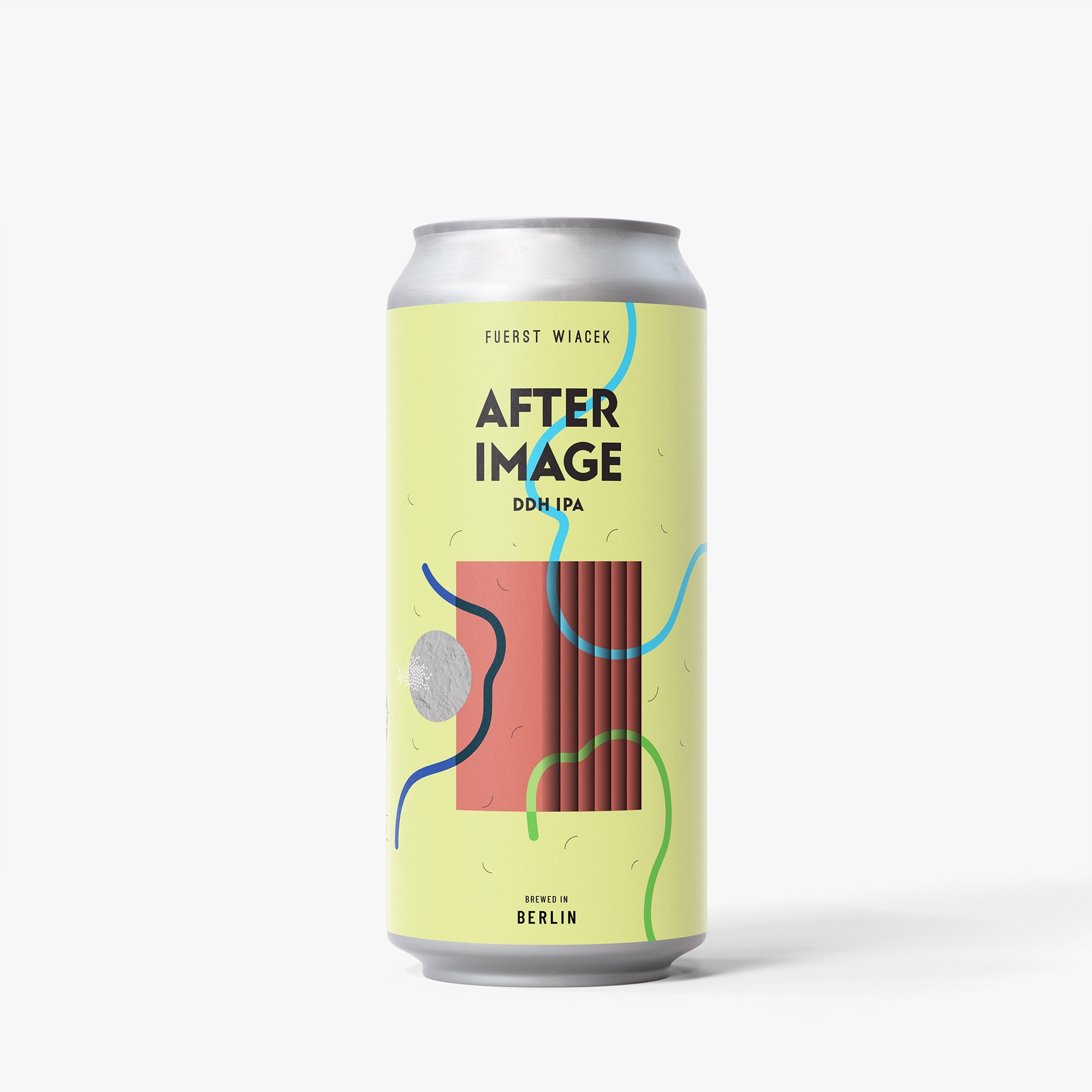 Vibrant brewery can design with abstract colorful shapes for FUERST WIACEK's After Image DDH IPA, showcasing modern craft beer branding and Berlin brewing excellence.