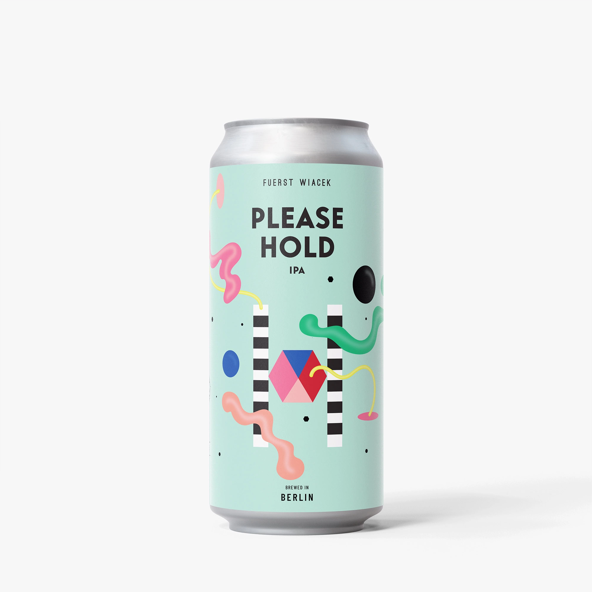 Can of FUERST WIACEK Please Hold IPA with colorful abstract design, showcasing modern craft beer branding.