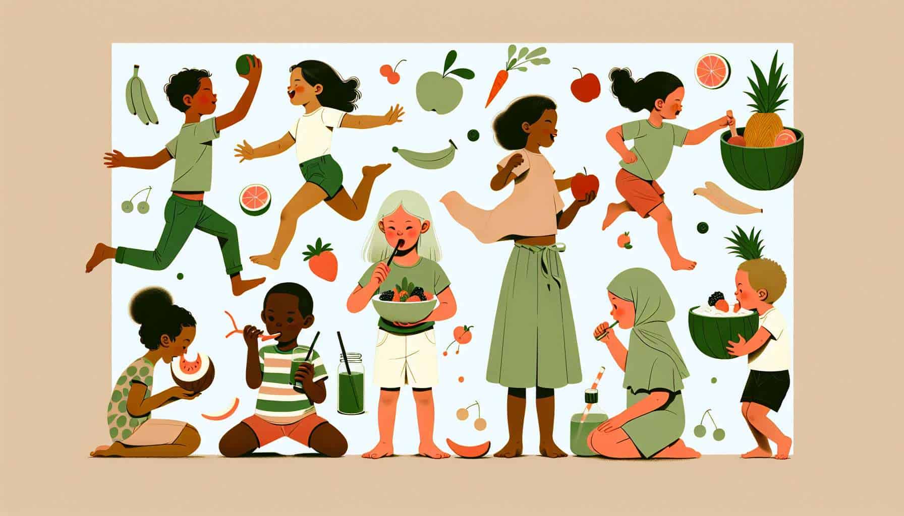 Healthy Snacks for Active Kids – playful New-Yorker style illustration (flat, minimal, muted pastels)