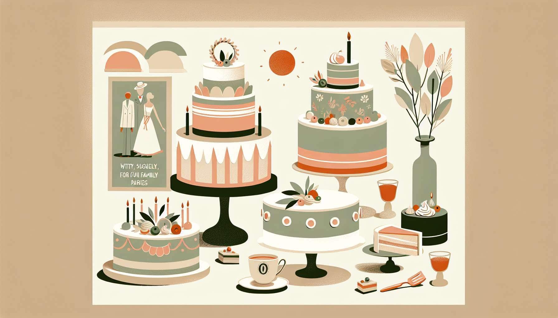 Creative Birthday Cake Ideas – playful New-Yorker style illustration (flat, minimal, muted pastels)