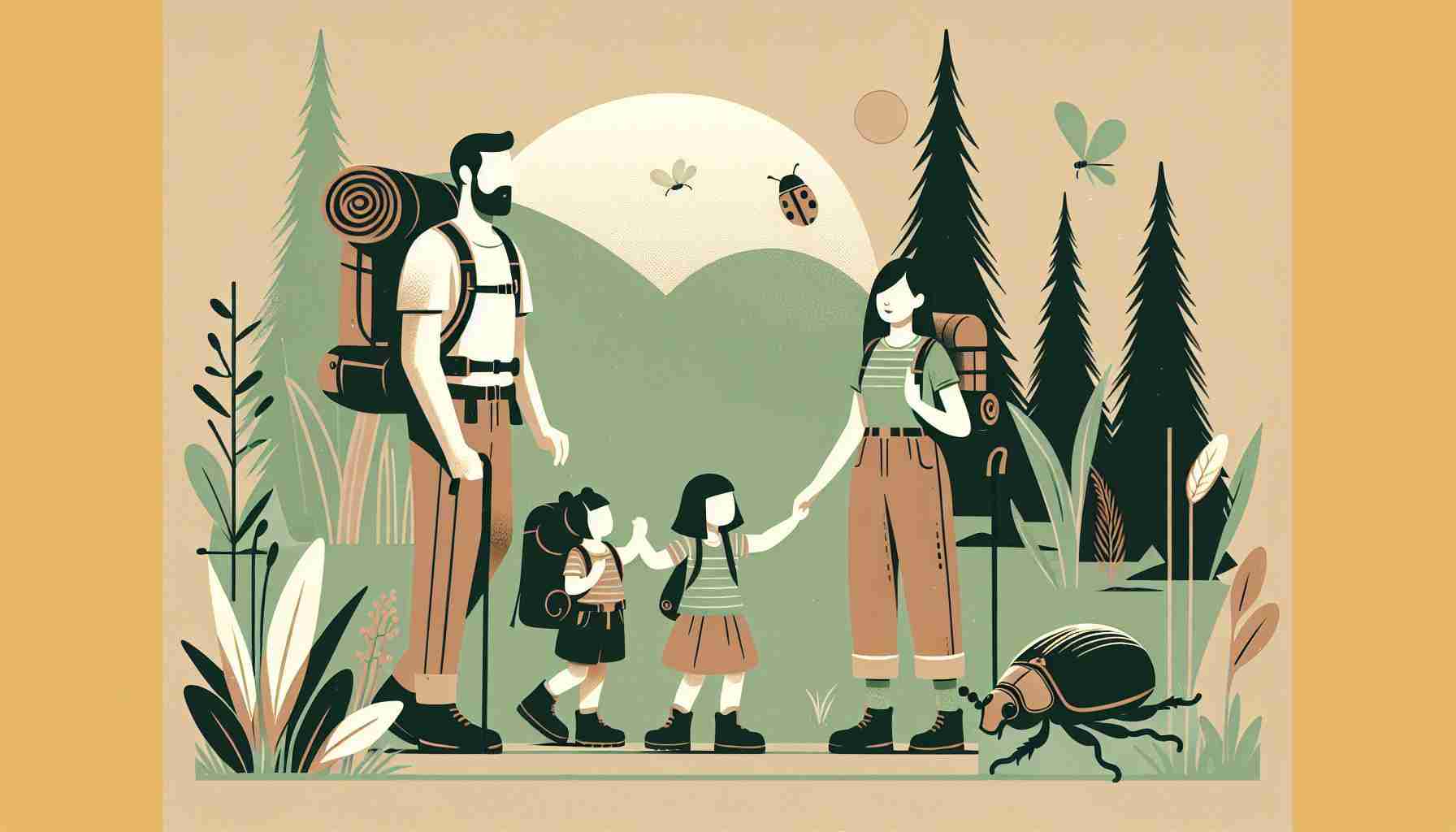 Family Hiking Tips for Beginners – playful New-Yorker style illustration (flat, minimal, muted pastels)