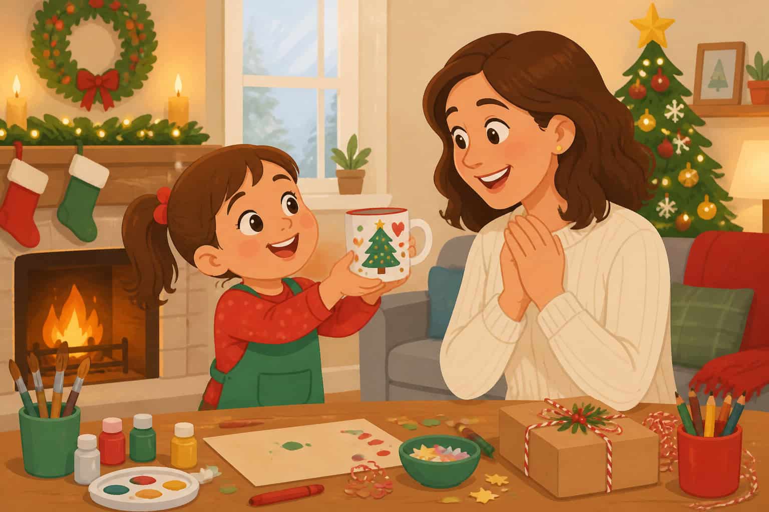 Preschooler presenting a handmade Christmas gift to a parent – holiday craft illustration
