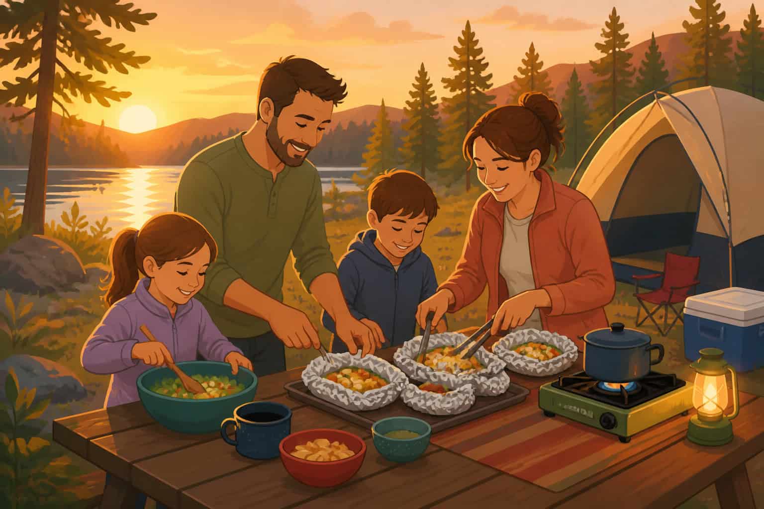 A family preparing a simple camping dinner together at a picnic table with a camp stove and cooler nearby