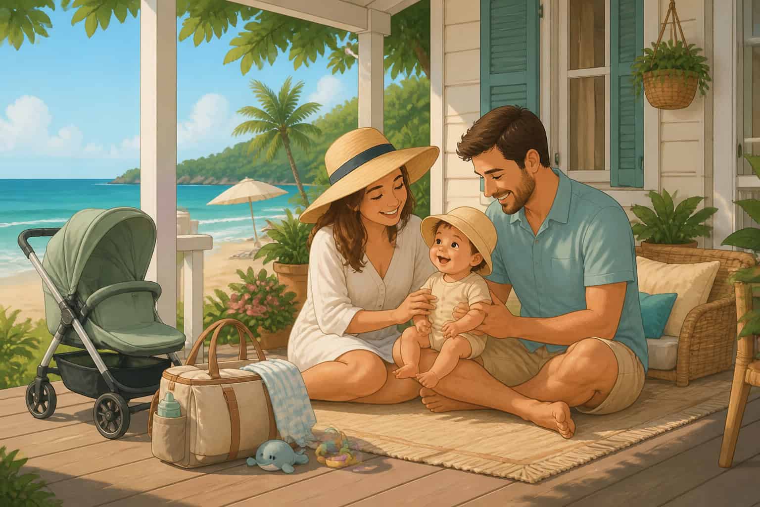 Parents relaxing in the shade with their baby on a family vacation, stroller and diaper bag nearby